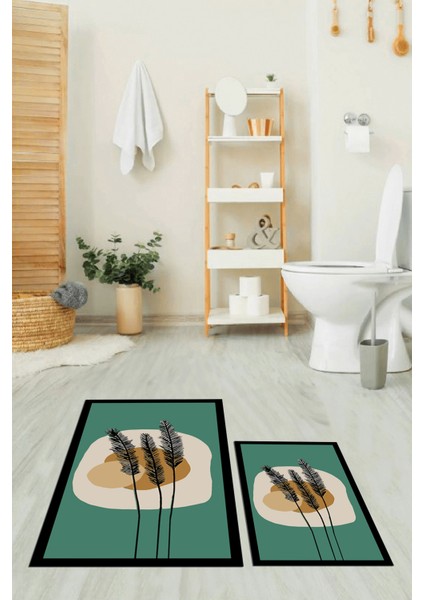 Dijital Baskılı Yıkanabilir Renkli Çiçekli Ikili Banyo Halısı Paspas, Klozet-28-Yeşil, modelleri