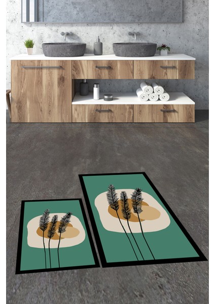 Dijital Baskılı Yıkanabilir Renkli Çiçekli Ikili Banyo Halısı Paspas, Klozet-28-Yeşil, fırsatları