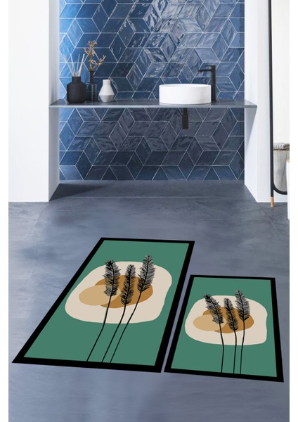 Dijital Baskılı Yıkanabilir Renkli Çiçekli Ikili Banyo Halısı Paspas, Klozet-28-Yeşil, indirimleri