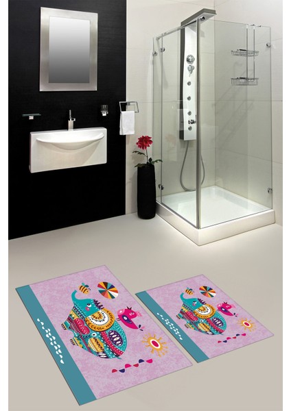 Dijital Baskılı Yıkanabilir Renkli Fil Desenli Ikili Banyo Halısı Paspas, Klozet-31-Pembe,