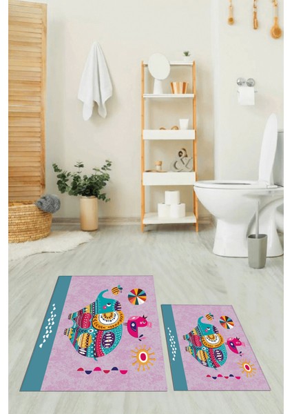 Dijital Baskılı Yıkanabilir Renkli Fil Desenli Ikili Banyo Halısı Paspas, Klozet-31-Pembe, fiyatları