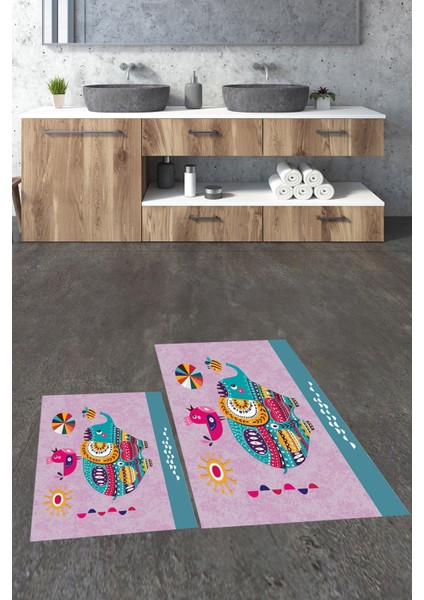 Dijital Baskılı Yıkanabilir Renkli Fil Desenli Ikili Banyo Halısı Paspas, Klozet-31-Pembe, modelleri