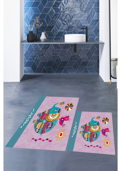 Dijital Baskılı Yıkanabilir Renkli Fil Desenli Ikili Banyo Halısı Paspas, Klozet-31-Pembe, fırsatları