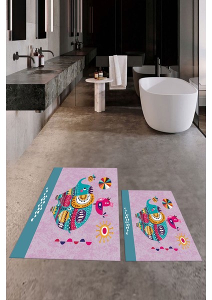 Dijital Baskılı Yıkanabilir Renkli Fil Desenli Ikili Banyo Halısı Paspas, Klozet-31-Pembe, indirimleri