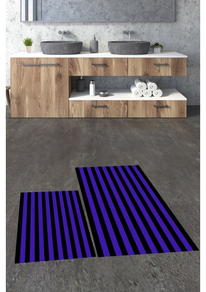 Dijital Baskılı Yıkanabilir Çizgili Modern Ikili Banyo Halısı Paspas, Klozet-50-Mor,