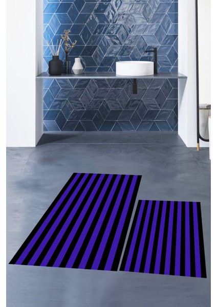 Dijital Baskılı Yıkanabilir Çizgili Modern Ikili Banyo Halısı Paspas, Klozet-50-Mor, fiyatları