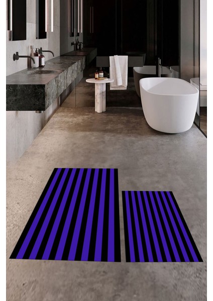 Dijital Baskılı Yıkanabilir Çizgili Modern Ikili Banyo Halısı Paspas, Klozet-50-Mor, modelleri