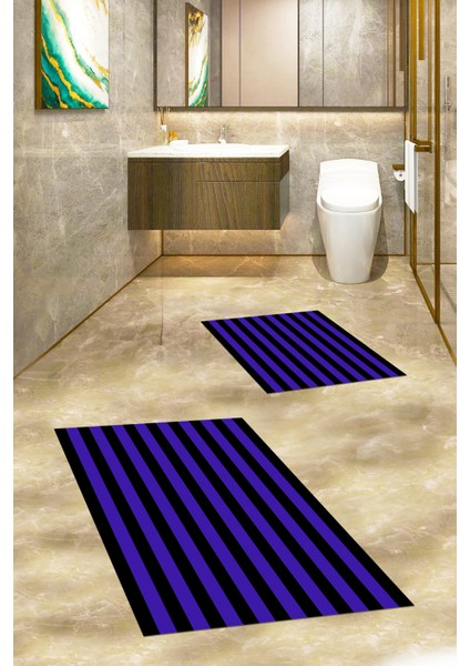 Dijital Baskılı Yıkanabilir Çizgili Modern Ikili Banyo Halısı Paspas, Klozet-50-Mor, fırsatları