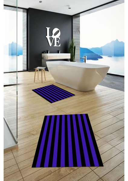 Dijital Baskılı Yıkanabilir Çizgili Modern Ikili Banyo Halısı Paspas, Klozet-50-Mor, indirimleri