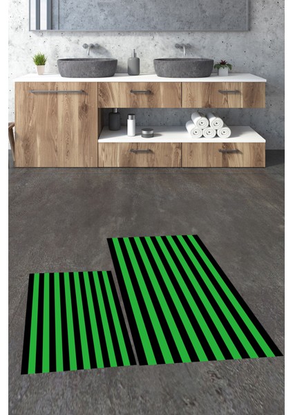 Dijital Baskılı Yıkanabilir Çizgili Modern Ikili Banyo Halısı Paspas, Klozet-50-Yeşil,
