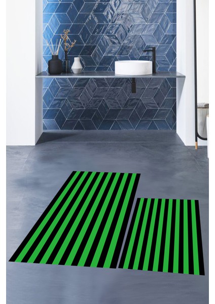 Dijital Baskılı Yıkanabilir Çizgili Modern Ikili Banyo Halısı Paspas, Klozet-50-Yeşil, fiyatları