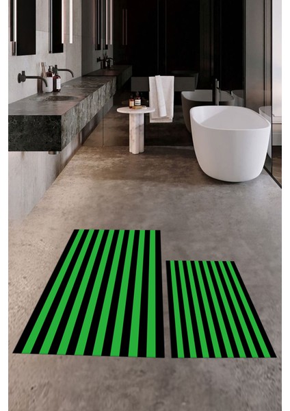 Dijital Baskılı Yıkanabilir Çizgili Modern Ikili Banyo Halısı Paspas, Klozet-50-Yeşil, modelleri