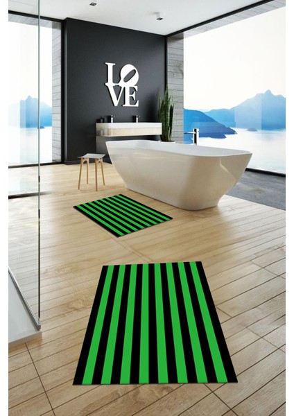 Dijital Baskılı Yıkanabilir Çizgili Modern Ikili Banyo Halısı Paspas, Klozet-50-Yeşil, indirimleri