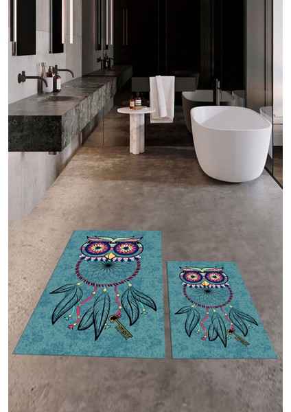Dijital Baskılı Yıkanabilir Baykuş Desenli Ikili Banyo Halısı Paspas, Klozet-35-Mavi, indirimleri
