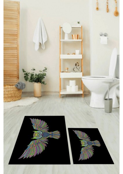 Dijital Baskılı Yıkanabilir Rengarenk Baykuş Ikili Banyo Halısı Paspas, Klozet-37-Siyah,