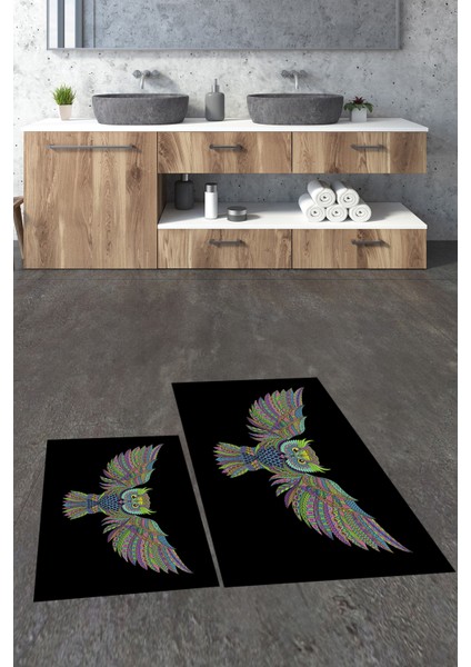 Dijital Baskılı Yıkanabilir Rengarenk Baykuş Ikili Banyo Halısı Paspas, Klozet-37-Siyah, fiyatları