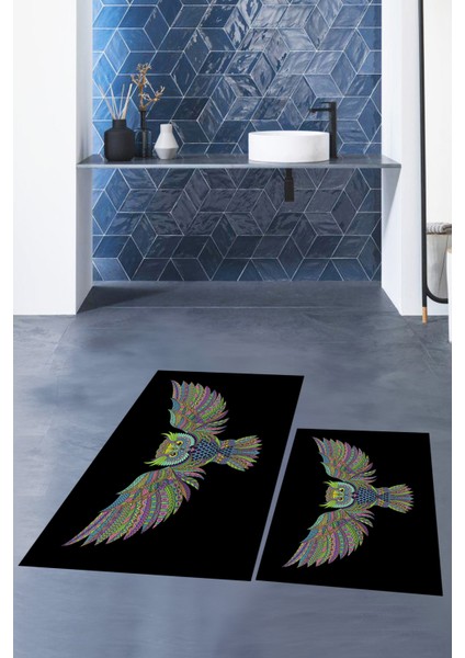 Dijital Baskılı Yıkanabilir Rengarenk Baykuş Ikili Banyo Halısı Paspas, Klozet-37-Siyah, modelleri