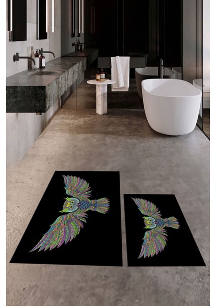 Dijital Baskılı Yıkanabilir Rengarenk Baykuş Ikili Banyo Halısı Paspas, Klozet-37-Siyah, fırsatları
