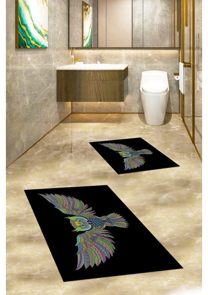 Dijital Baskılı Yıkanabilir Rengarenk Baykuş Ikili Banyo Halısı Paspas, Klozet-37-Siyah, indirimleri