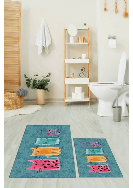Dijital Baskılı Yıkanabilir Renkli Kediler Desenli Ikili Banyo Halısı, Klozet-41-Mavi,