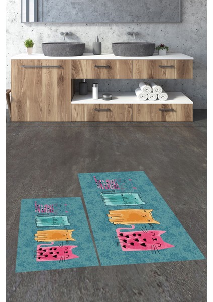 Dijital Baskılı Yıkanabilir Renkli Kediler Desenli Ikili Banyo Halısı, Klozet-41-Mavi, fiyatları