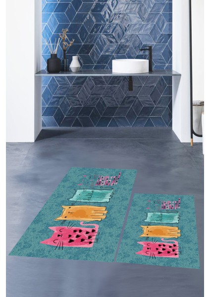Dijital Baskılı Yıkanabilir Renkli Kediler Desenli Ikili Banyo Halısı, Klozet-41-Mavi, modelleri