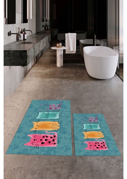 Dijital Baskılı Yıkanabilir Renkli Kediler Desenli Ikili Banyo Halısı, Klozet-41-Mavi, fırsatları