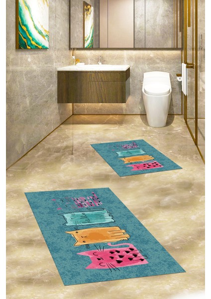 Dijital Baskılı Yıkanabilir Renkli Kediler Desenli Ikili Banyo Halısı, Klozet-41-Mavi, indirimleri