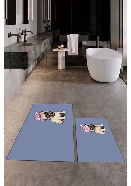 Dijital Baskılı Yıkanabilir Sevimli Köpek Ikili Banyo Halısı Paspas, Klozet-38-Mavi, fırsatları