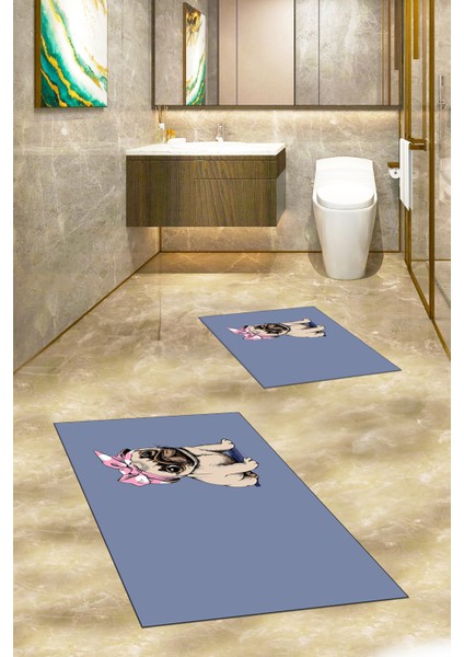 Dijital Baskılı Yıkanabilir Sevimli Köpek Ikili Banyo Halısı Paspas, Klozet-38-Mavi, indirimleri