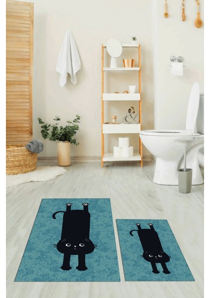 Dijital Baskılı Yıkanabilir Sevimli Kedi Ikili Banyo Halısı Paspas, Klozet-39-Mavi,