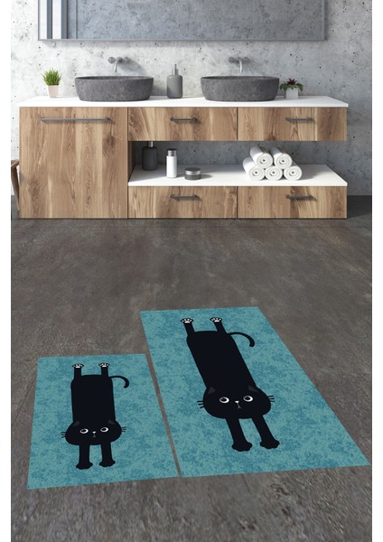 Dijital Baskılı Yıkanabilir Sevimli Kedi Ikili Banyo Halısı Paspas, Klozet-39-Mavi, fiyatları