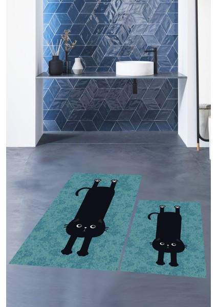 Dijital Baskılı Yıkanabilir Sevimli Kedi Ikili Banyo Halısı Paspas, Klozet-39-Mavi, modelleri