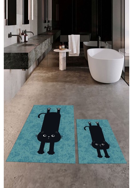 Dijital Baskılı Yıkanabilir Sevimli Kedi Ikili Banyo Halısı Paspas, Klozet-39-Mavi, fırsatları
