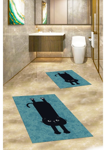 Dijital Baskılı Yıkanabilir Sevimli Kedi Ikili Banyo Halısı Paspas, Klozet-39-Mavi, indirimleri
