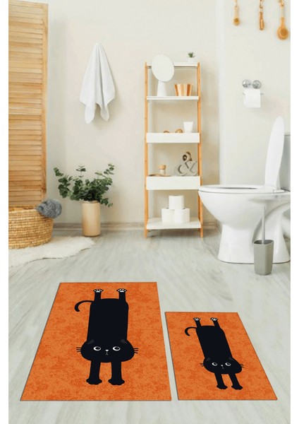 Dijital Baskılı Yıkanabilir Sevimli Kedi Ikili Banyo Halısı Paspas, Klozet-39-Turuncu,