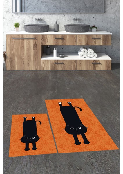 Dijital Baskılı Yıkanabilir Sevimli Kedi Ikili Banyo Halısı Paspas, Klozet-39-Turuncu, fiyatları