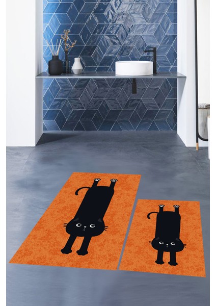 Dijital Baskılı Yıkanabilir Sevimli Kedi Ikili Banyo Halısı Paspas, Klozet-39-Turuncu, modelleri