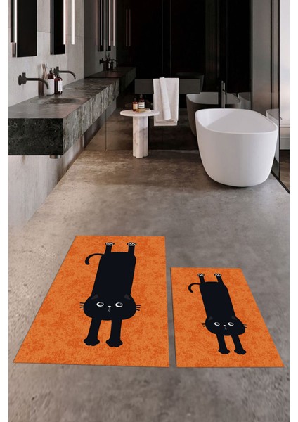 Dijital Baskılı Yıkanabilir Sevimli Kedi Ikili Banyo Halısı Paspas, Klozet-39-Turuncu, fırsatları