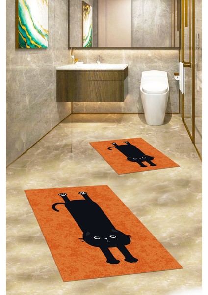 Dijital Baskılı Yıkanabilir Sevimli Kedi Ikili Banyo Halısı Paspas, Klozet-39-Turuncu, indirimleri