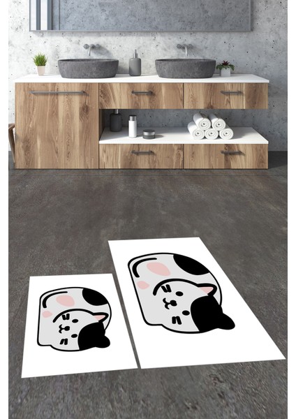3d Dijital Baskılı Yıkanabilir Kedi Desenli Ikili Banyo Halısı Paspas, Klozet-43-Beyaz,