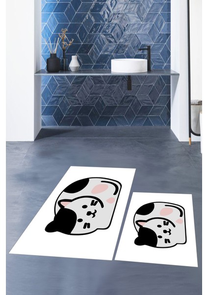3d Dijital Baskılı Yıkanabilir Kedi Desenli Ikili Banyo Halısı Paspas, Klozet-43-Beyaz, fiyatları