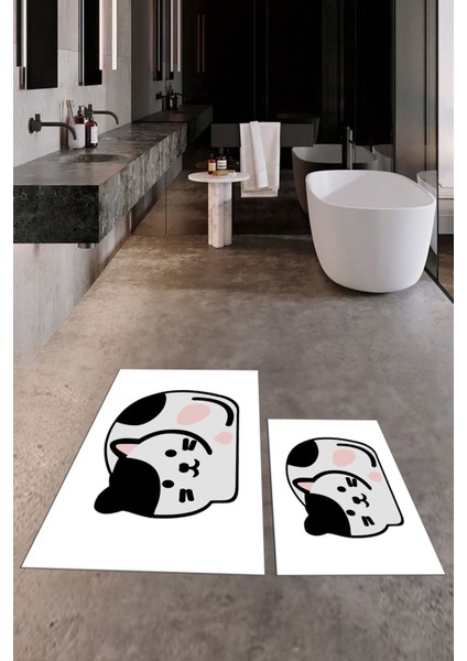 3d Dijital Baskılı Yıkanabilir Kedi Desenli Ikili Banyo Halısı Paspas, Klozet-43-Beyaz, modelleri