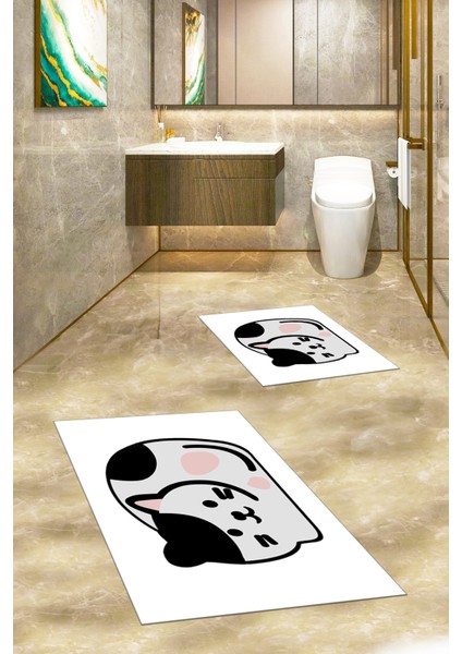 3d Dijital Baskılı Yıkanabilir Kedi Desenli Ikili Banyo Halısı Paspas, Klozet-43-Beyaz, fırsatları
