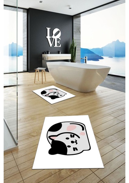 3d Dijital Baskılı Yıkanabilir Kedi Desenli Ikili Banyo Halısı Paspas, Klozet-43-Beyaz, indirimleri
