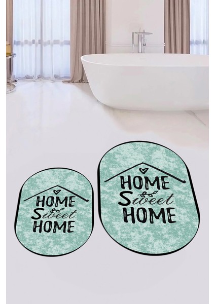 Dijital Baskılı Yıkanabilir Home Sweet Yazılı Ikili Oval Banyo Halısı Paspas, Klozet-14-Yeşil,