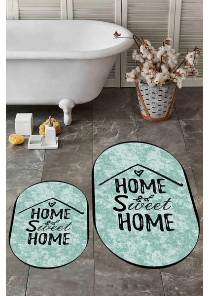 Dijital Baskılı Yıkanabilir Home Sweet Yazılı Ikili Oval Banyo Halısı Paspas, Klozet-14-Yeşil, fiyatları