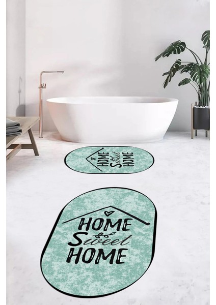 Dijital Baskılı Yıkanabilir Home Sweet Yazılı Ikili Oval Banyo Halısı Paspas, Klozet-14-Yeşil, modelleri