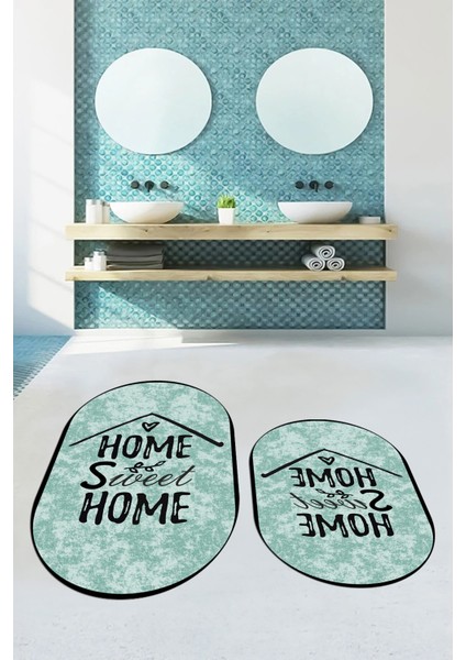 Dijital Baskılı Yıkanabilir Home Sweet Yazılı Ikili Oval Banyo Halısı Paspas, Klozet-14-Yeşil, fırsatları