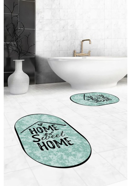Dijital Baskılı Yıkanabilir Home Sweet Yazılı Ikili Oval Banyo Halısı Paspas, Klozet-14-Yeşil, indirimleri